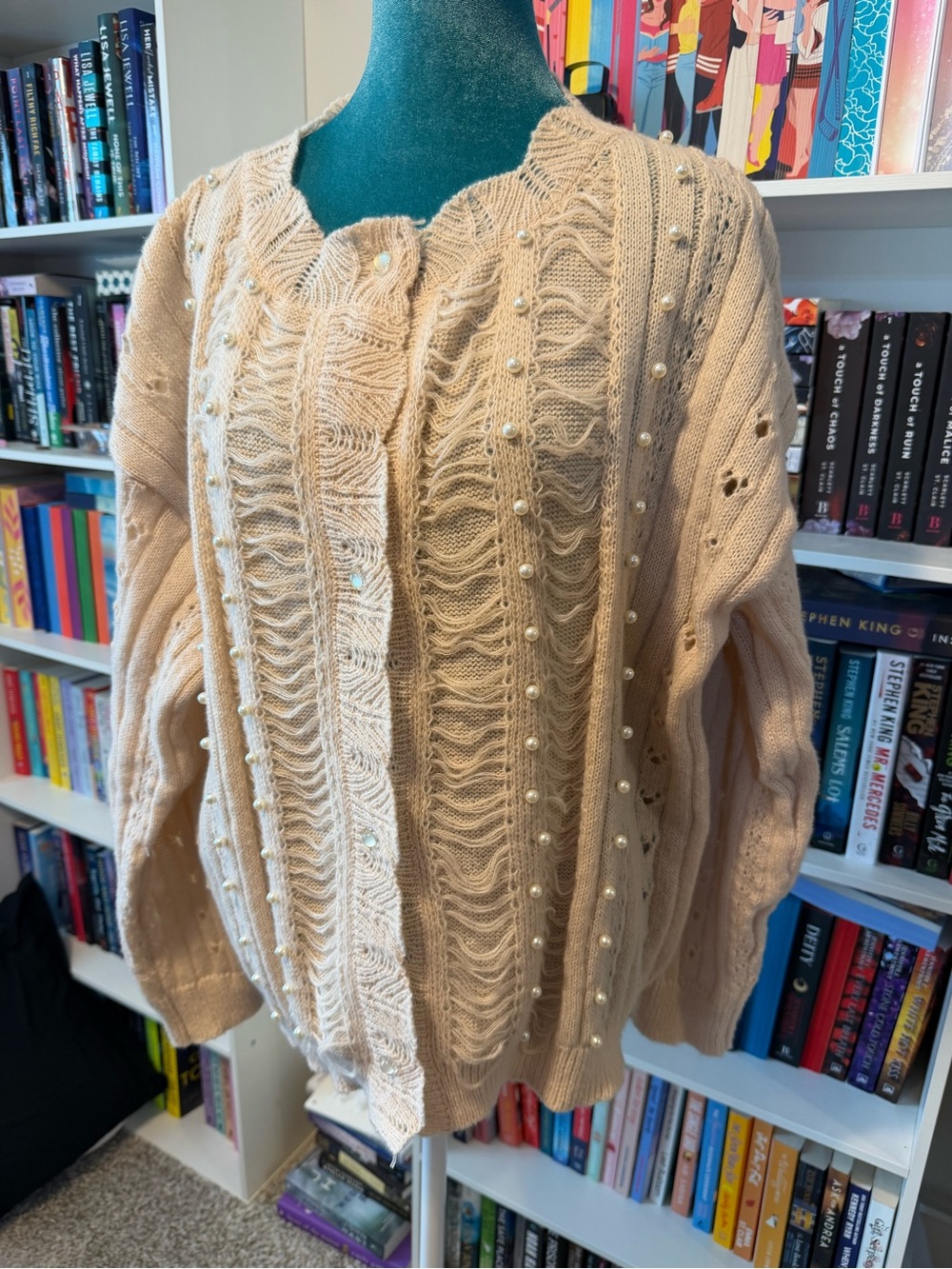 SHEIN Cream Pearl-Embellished Scalloped Knit Cardigan